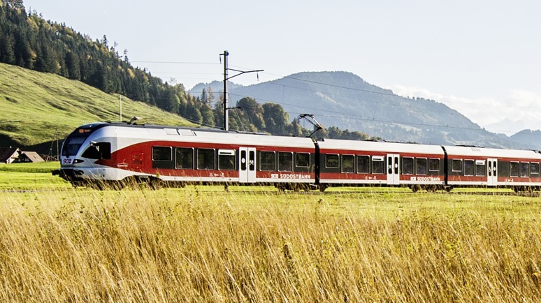 Ein Bild von einem SOB Zug der den Gleisen über eine Wiese folgt